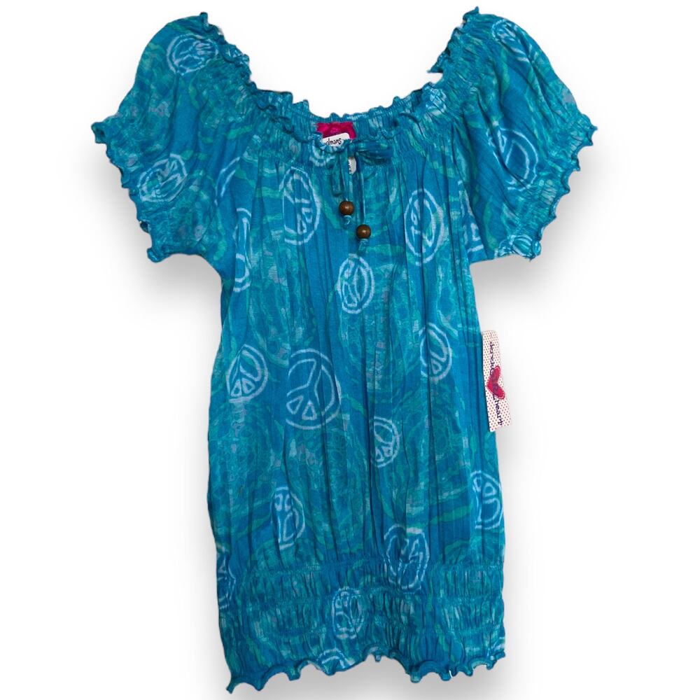 Derek Heart Girl Girls Top Size S 7 8 Blue Aqua Peace Sign Crinkle Turquoise NEW